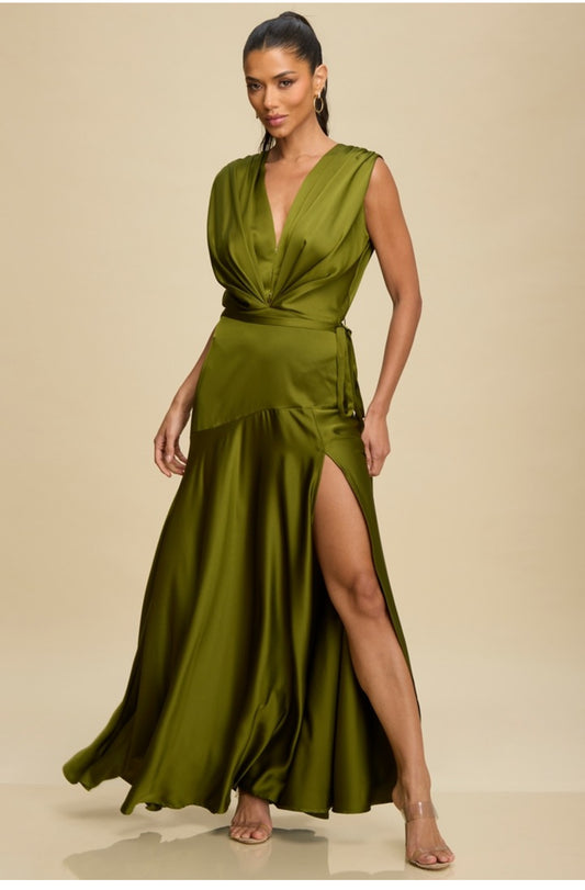Vestido verde olivo satinado